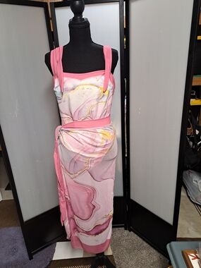 Pink Marble Print Maxi Dress with Tie Waist